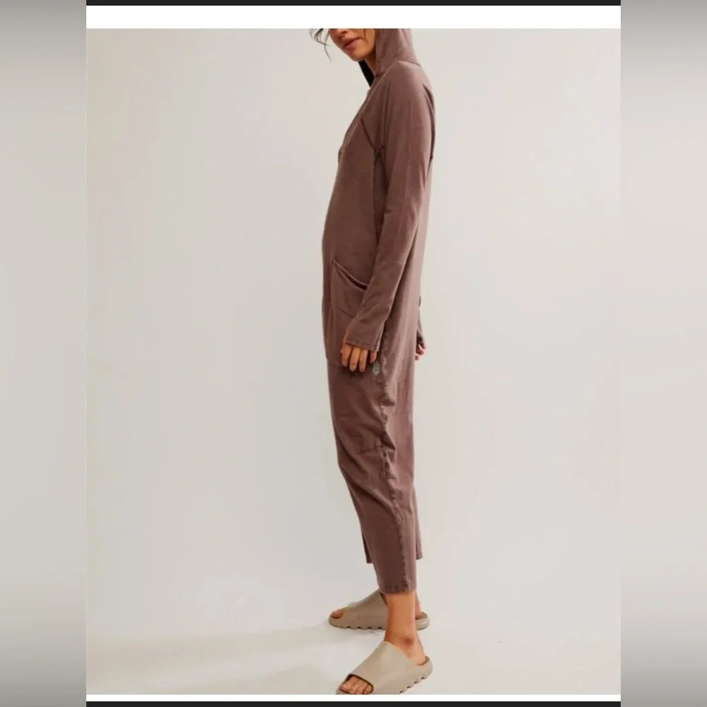 NWT Movement by Free People Brown V-Neck Jumpsuit Romper w/ Hoodie - Picture 2 of 6